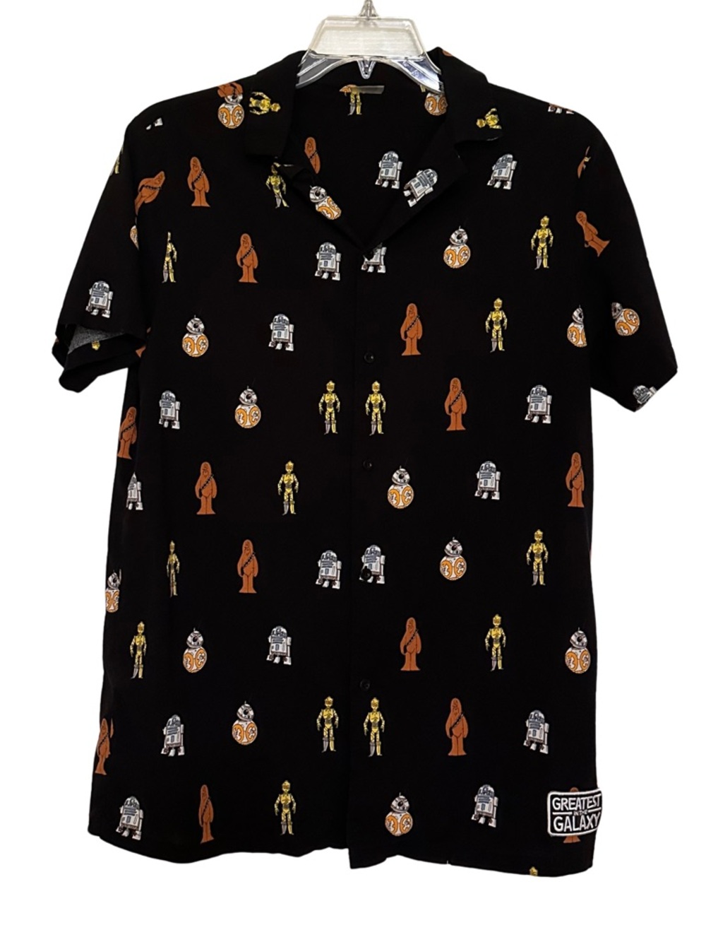 Star Wars Black Short-Sleeve Button-Down Shirt with Orange and Yellow Accents